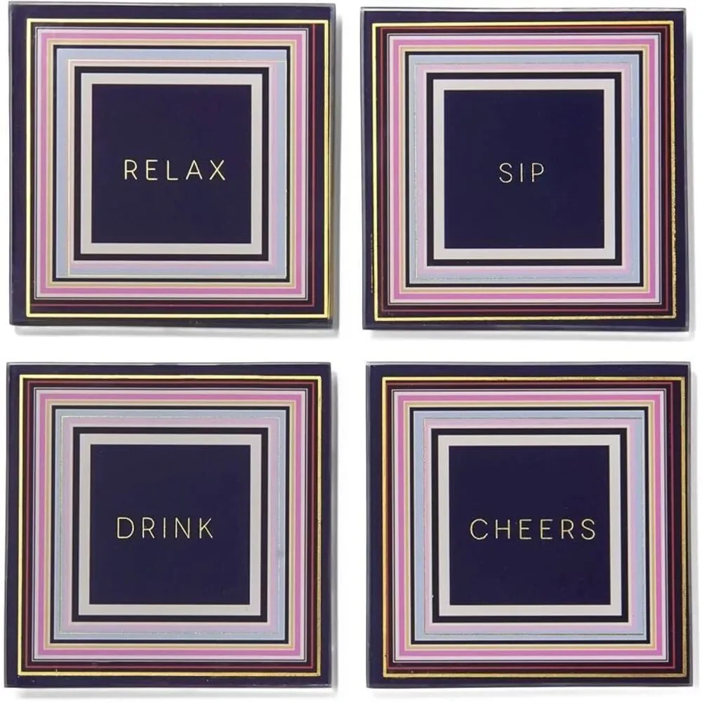 Trina Turk Glass Coasters Set 4 Gold White Bar Cart Decor Hostess Gift NWT